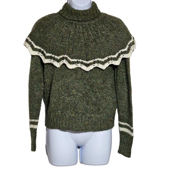 Vintage Duet Creations Hand Wash Green Knit Sweater With Lace Trim & Striped Sle - Picture 1 of 9